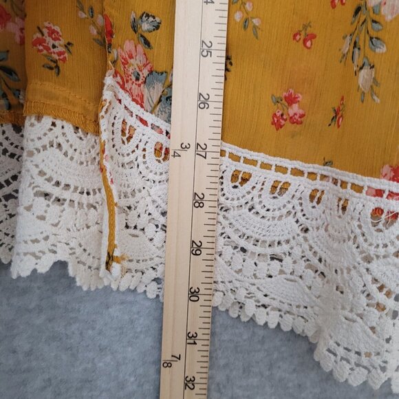 Rewind Womans Floral Coverup Size M Mustard Color Crochet Trim 3/4 Sleeve - Picture 10 of 11